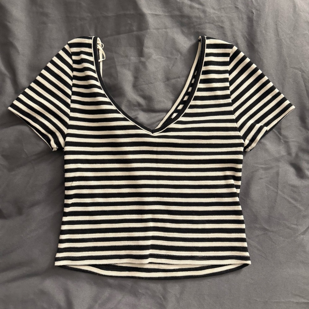 Aeropostale Black and White Striped V-Neck Crop Top